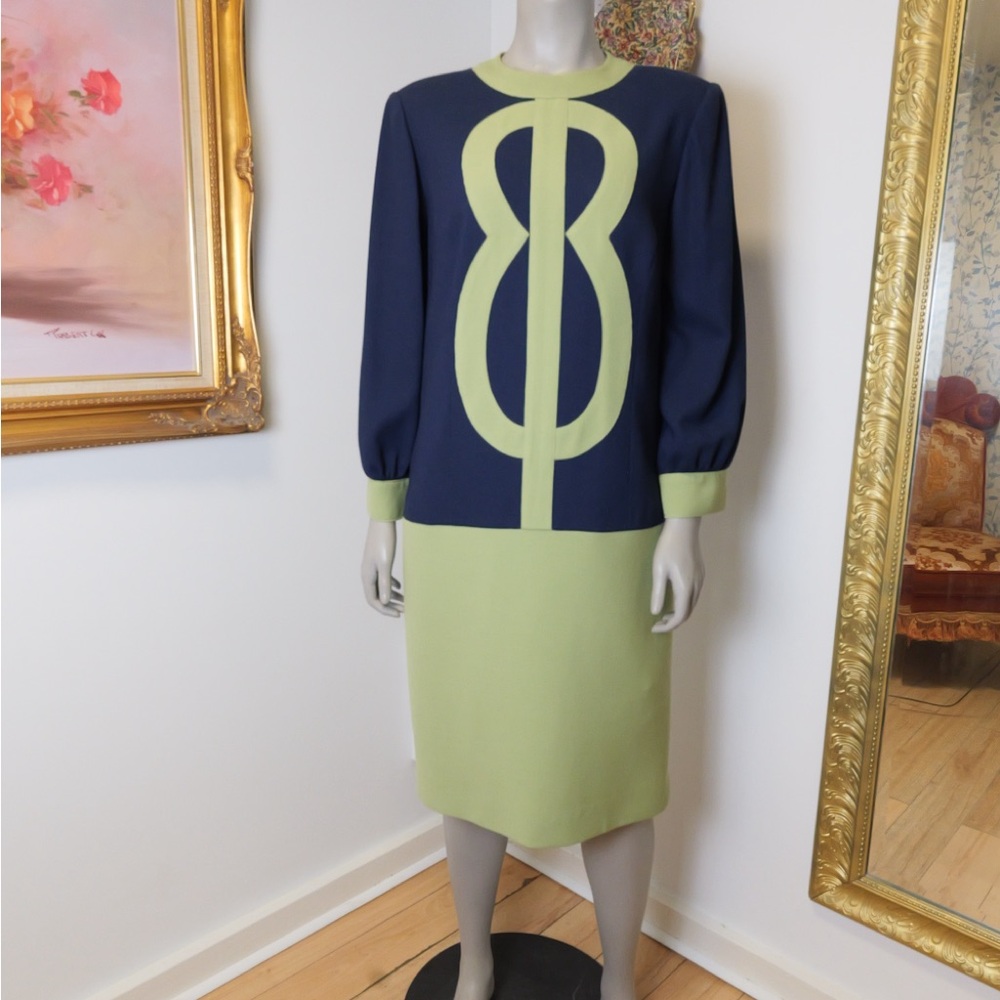Vintage 1980’s custom made Navy and Green Long Sleeve Dress